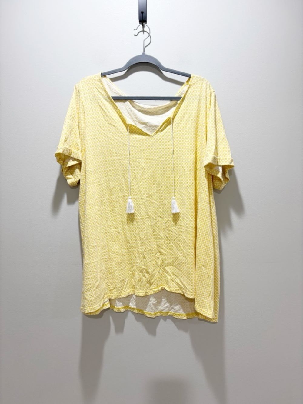 Lands' End Yellow Patterned Tassel Tie Short-Sleeve Tunic Relaxed Casual Top 2X